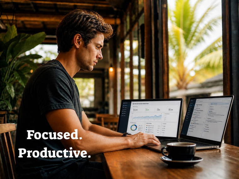Digital nomad working comfortably using portable dual screen monitor setup