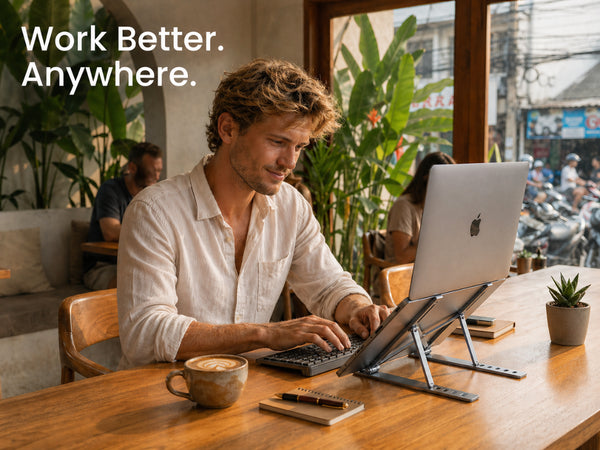 Ergonomic laptop setup using NomadRise laptop stand in a cafe improving posture and comfort