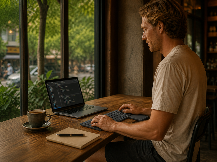 Digital nomad working comfortably in a cafe using a foldable keyboard with touchpad and ergonomic setup