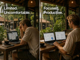 Person using a laptop with text 'Limited. Uncomfortable.' on the left side. 
person using a laptop with the nomadscreen pro with the text 'Focused. Productive.'
