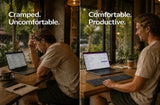 Two side-by-side images showing a person using a laptop in a cramped vs. comfortable setting.