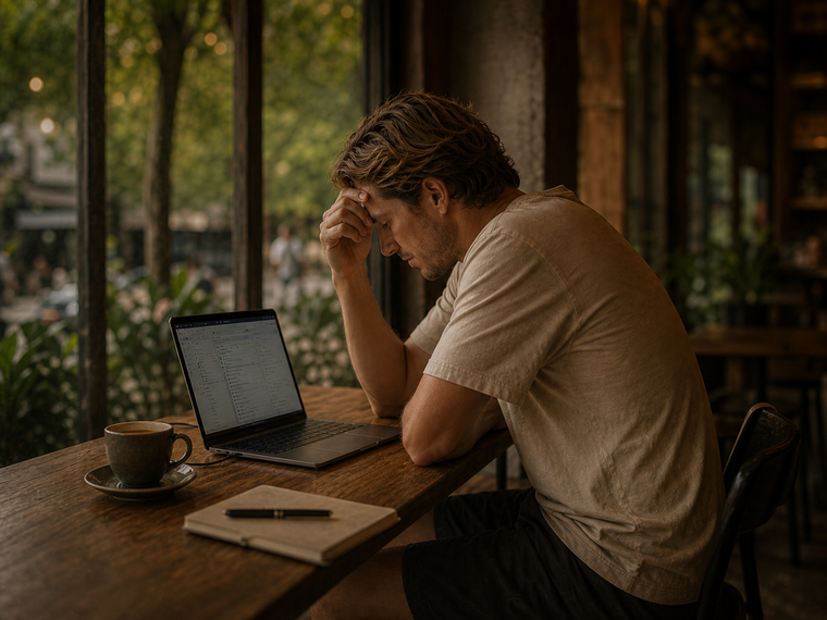 Digital nomad working uncomfortably in a cafe with laptop on table, poor posture and no ergonomic setup