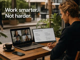digital nomad working organized, the laptop with video call and the nomadscreeen pro with a report 