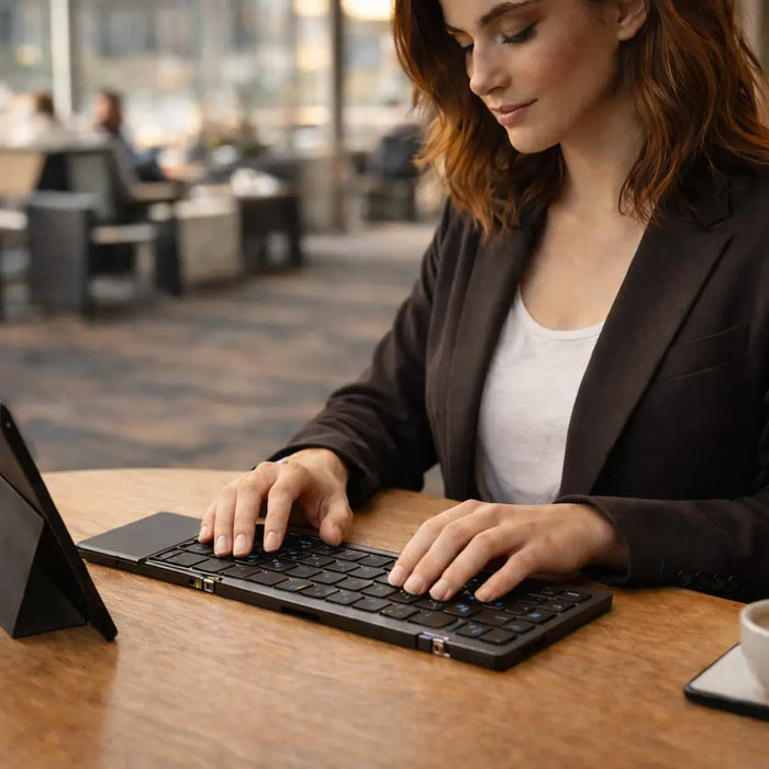 a foldable keyboard setup at a desk in the airport  