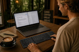 Man using a laptop with a foldable keyboard on a wooden desk, with a cup of coffee.