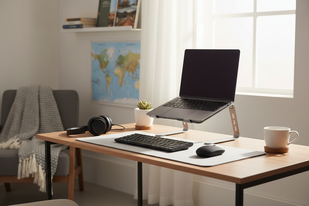 Minimal travel-friendly workspace with a laptop on a stand, ergonomic tools, and soft natural lighting – ideal for digital nomads.