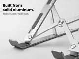 Close-up of aluminum laptop stand showing durable build quality and stable structure
