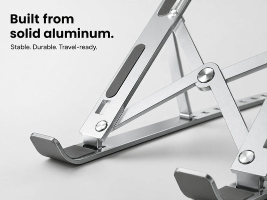 Close-up of aluminum laptop stand showing durable build quality and stable structure