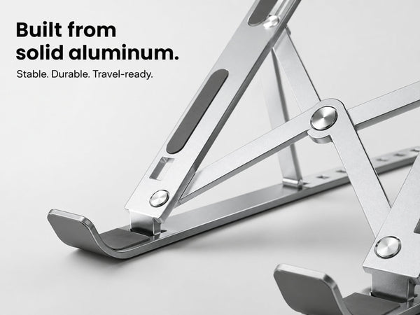 Close-up of aluminum laptop stand showing durable build quality and stable structure