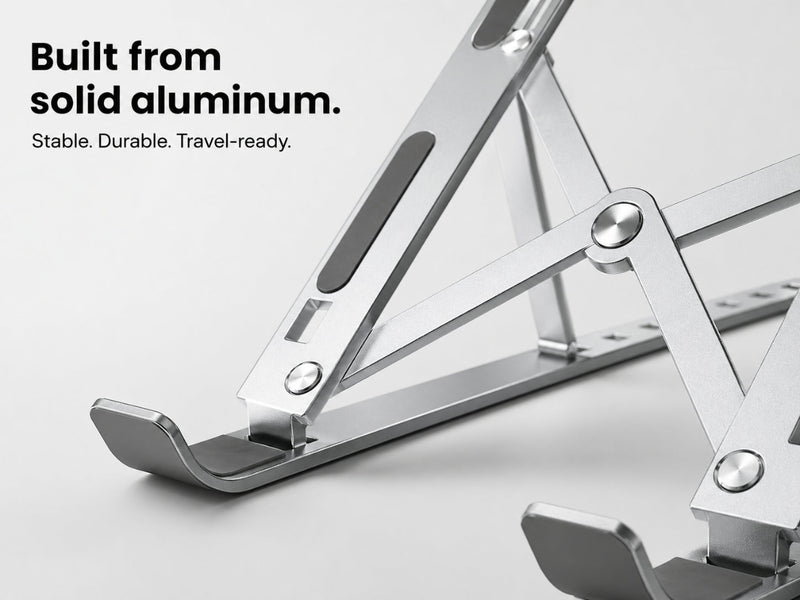 Close-up of aluminum laptop stand showing durable build quality and stable structure