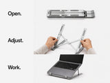 Minimal aluminum laptop stand open view showing structure and ergonomic design
