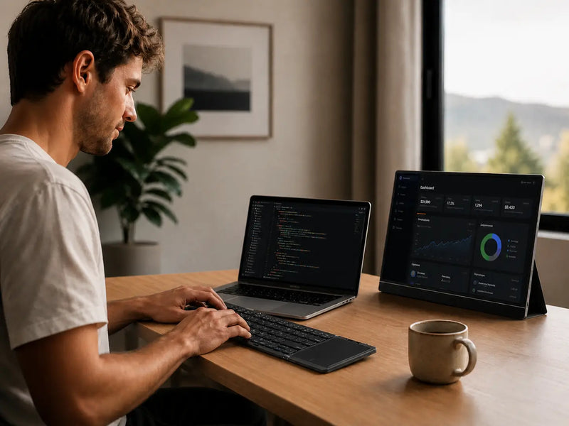Clean ergonomic remote work setup with RemoteMode products