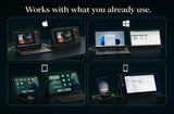 Multiple devices on a dark background with text 'Works with what you already use'.