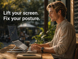 Portable laptop stand used for remote work in a cafe with comfortable and productive setup