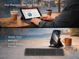 split image, one side- Person using a tablet with a foldable keyboard at a desk, with text highlighting features on a scenic background.
other side - a beach set up with a phone and foldable keyboard.