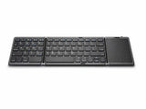 Top view of a tri-fold Bluetooth keyboard fully opened with integrated touchpad on the right side, compact portable design for remote work and travel use
